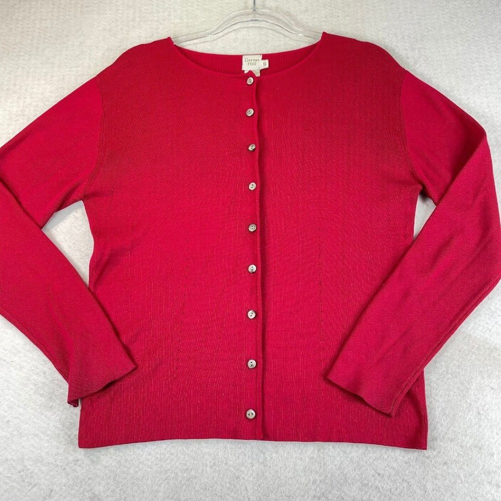 Garnet Hill Cardigan S Womens Red Silk Sweater Round Neck Long Sleeve Button